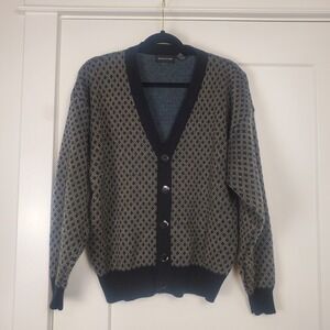 Wool Blend Cardigan Mens Medium Blue Geometric Diamond Knit V-Neck
